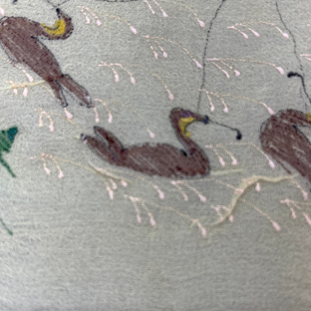 Vintage Hand Painted Japanese Scarf Mount Fuji Pagoda Fisherman Yellow 34in READ - Picture 9 of 12